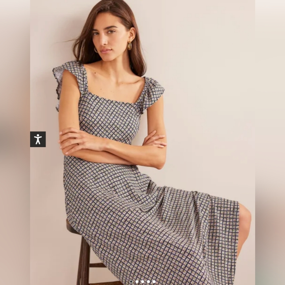 Boden Navy and White Square-Print Midi Dress